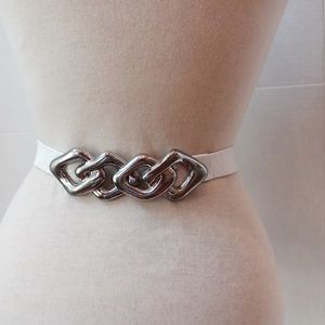 1980's White Leather Link Buckle Belt Croco Silver